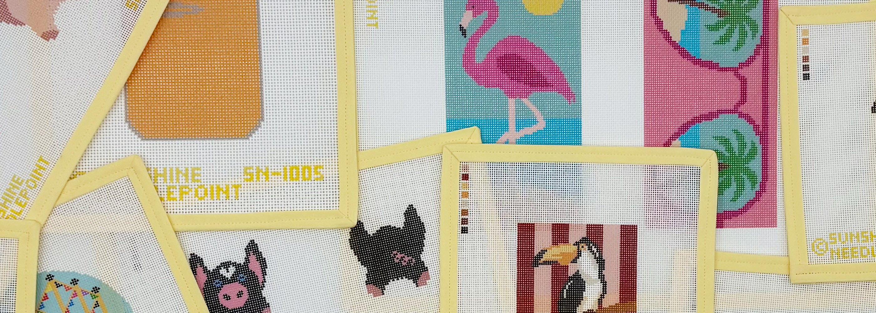 Collection of canvases with various designs including flamingos, animals, and abstract patterns.