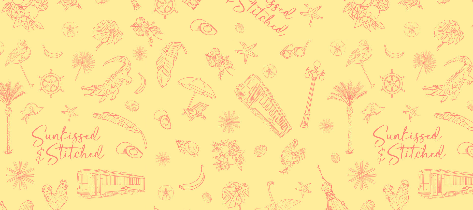 Patterned background with pink illustrations and 'Sunfished & Stitched' text on a yellow background