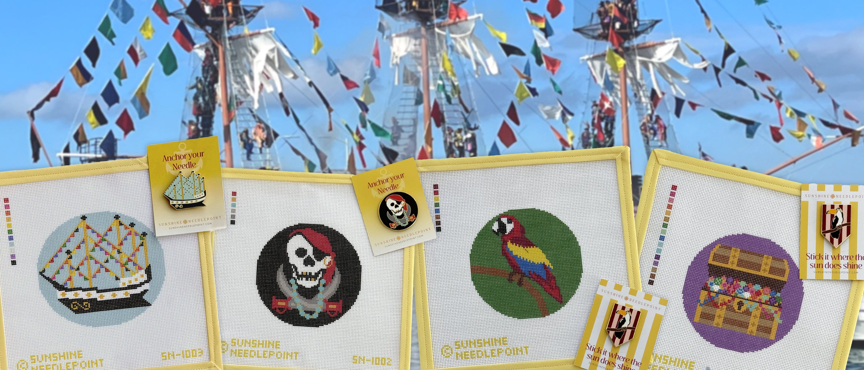 Gasparilla ship with popular Gasparilla canvases and needle minders