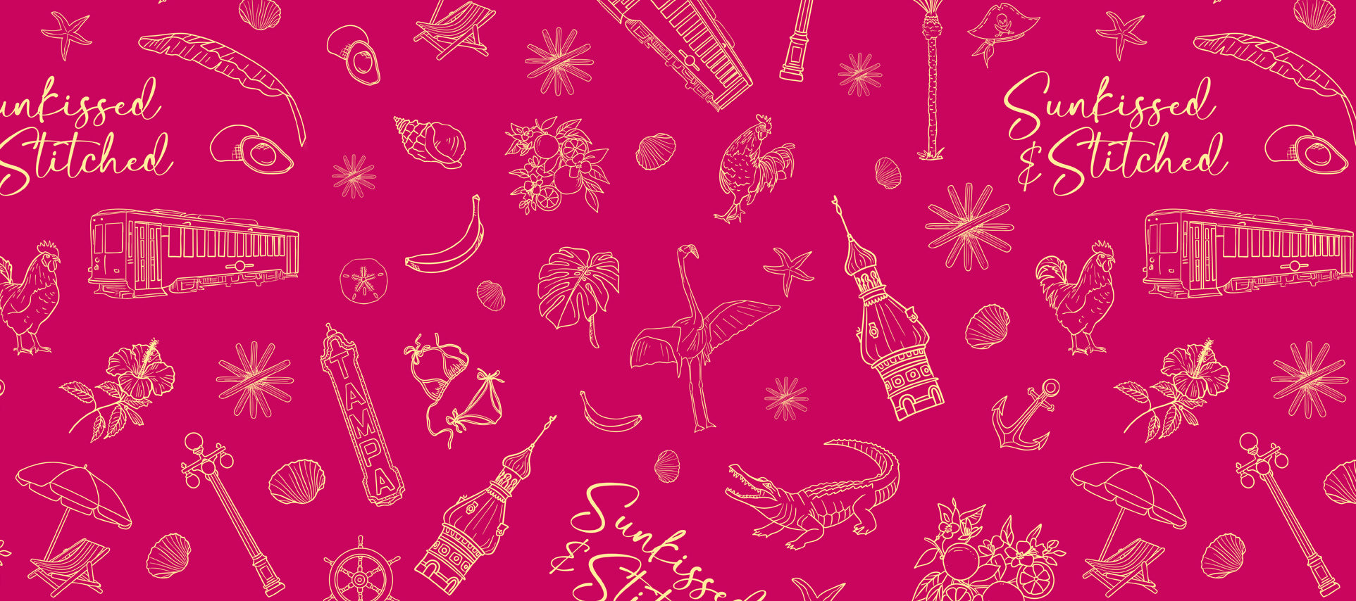 Pink patterned background with yellow Florida line art illustrations and 'Sunkissed & Stitched' text.